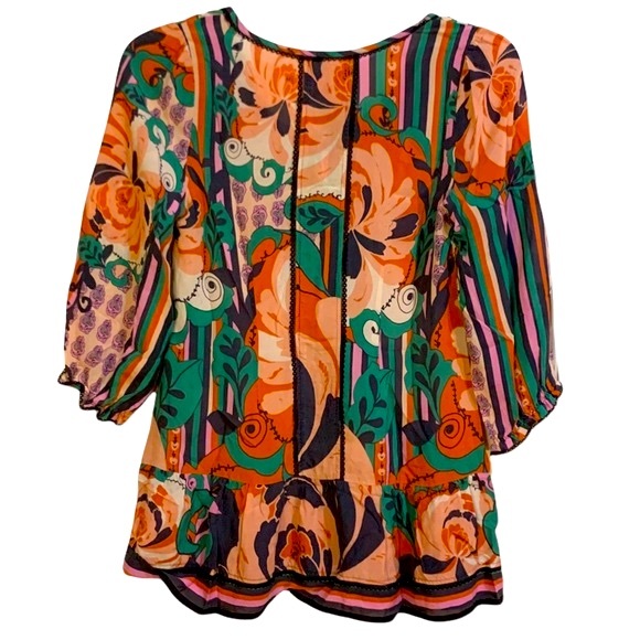 Anthropologie Odille 100% silk print peasant top orange & pink with black lace 6 - Picture 2 of 9